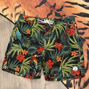 Tropical Parrot Print swim trunks